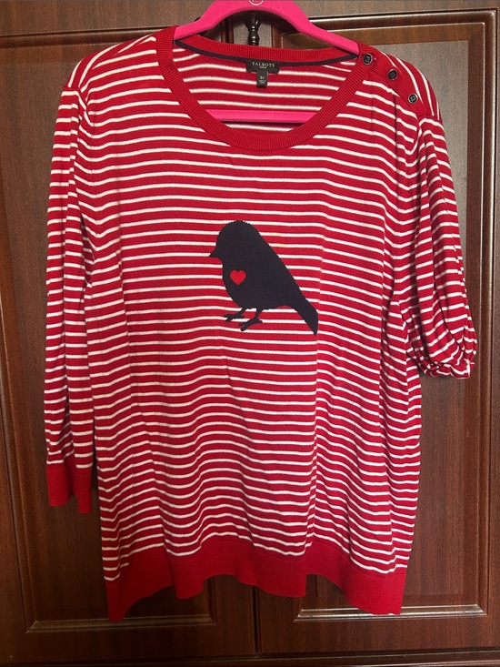 Talbots Sweaters - Talbots Red & White Striped Sweater with Navy Bird Motif